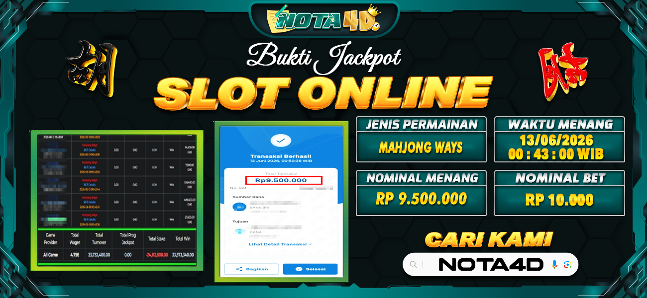 Bukti Kemenangan Besar Dibayar lunas Member NOTA4D RP 9.500.000, 13 Juni 2026