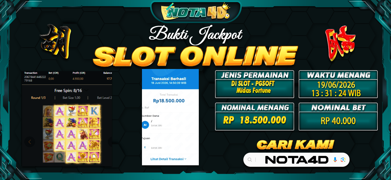 Bukti Kemenangan Besar Dibayar lunas Member NOTA4D RP 18.500.000, 19 Juni 2026