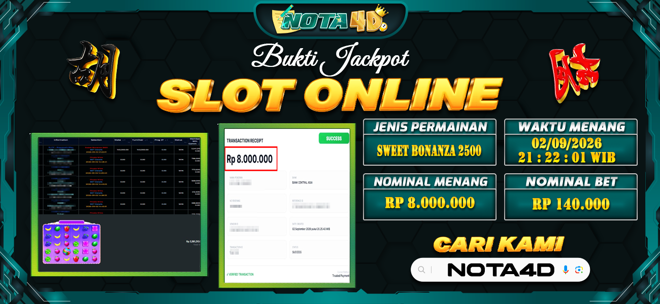 Bukti Kemenangan Besar Dibayar lunas Member NOTA4D RP 8.000.000, 3 September 2026